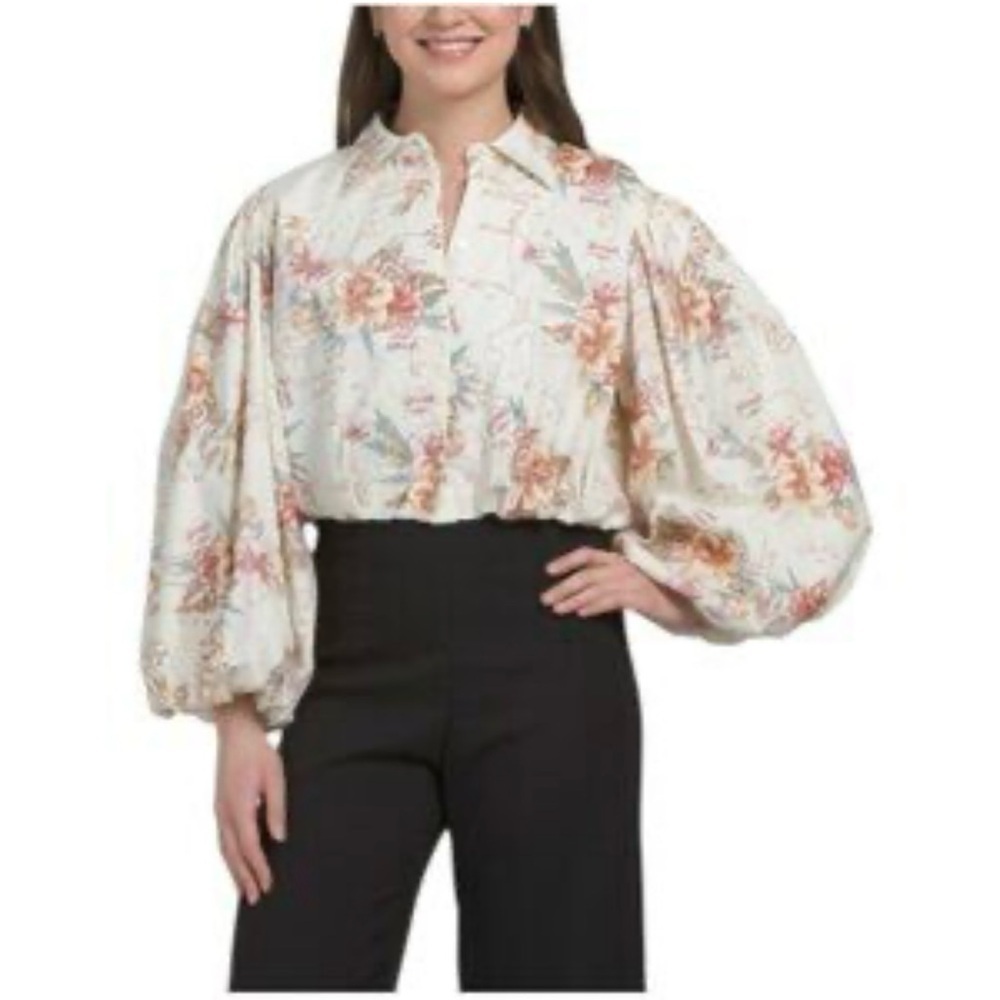 Calypso St. Barth Small Puff Sleeve Bubble Hem Blouse Linen Tropical Floral